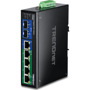 TRENDnet TI-PG62 7-Port Gigabit Ethernet Switch, 4 Gigabit PoE+, 1 Gigabit, & 2 SFP slots, 14 Gbps switching capacity, DIN-rail/wall mount